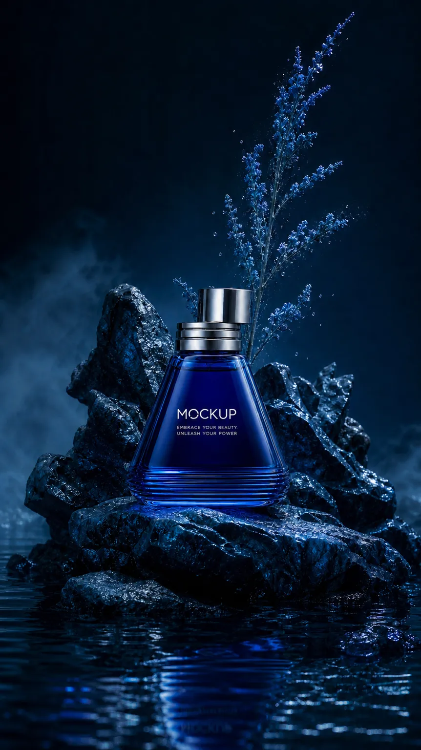 Blue perfume bottle mockup on dark rocks in water｜AI Image Generation Prompts