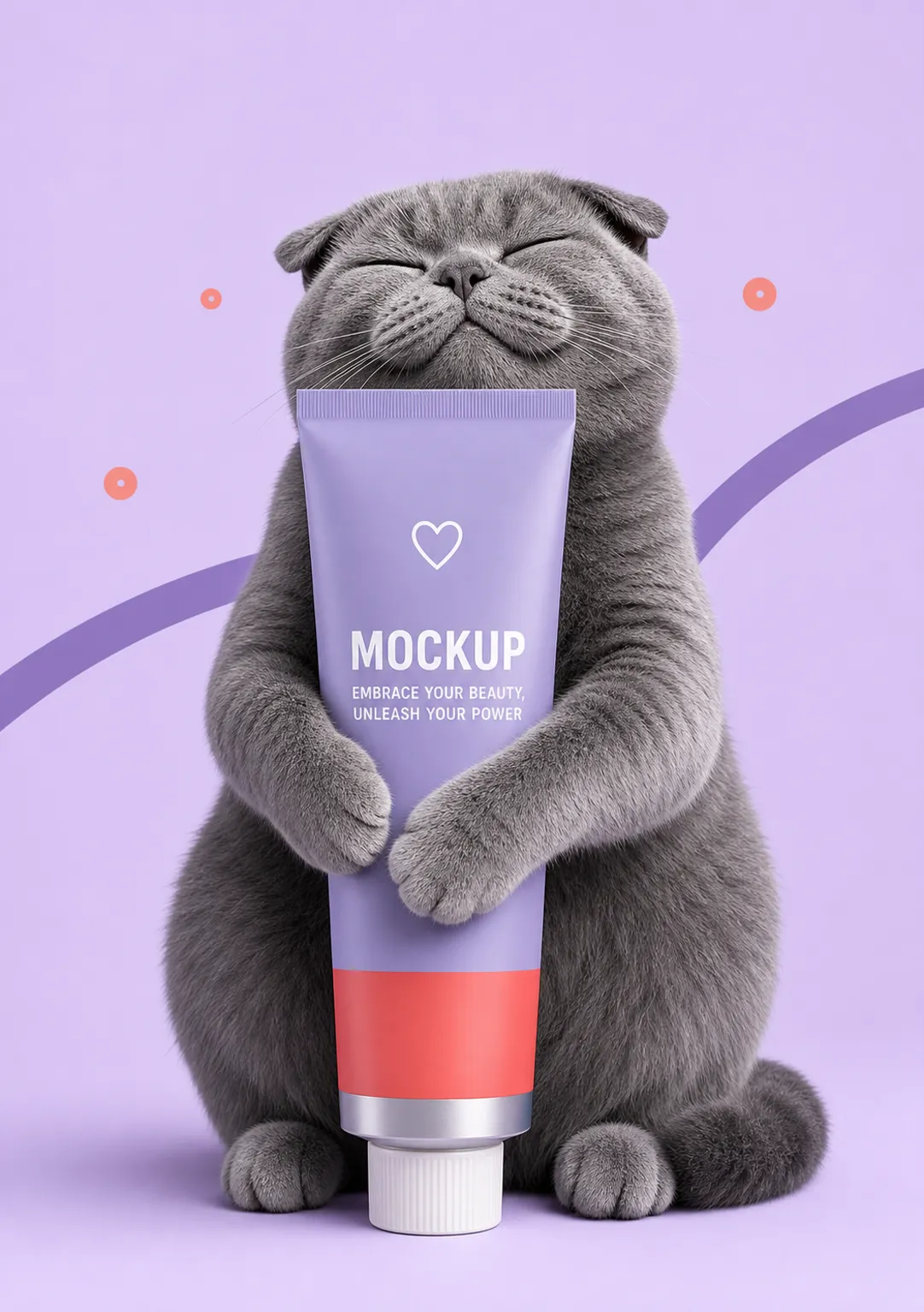 Grey cat holding a purple tube mockup｜AI Image Generation Prompts