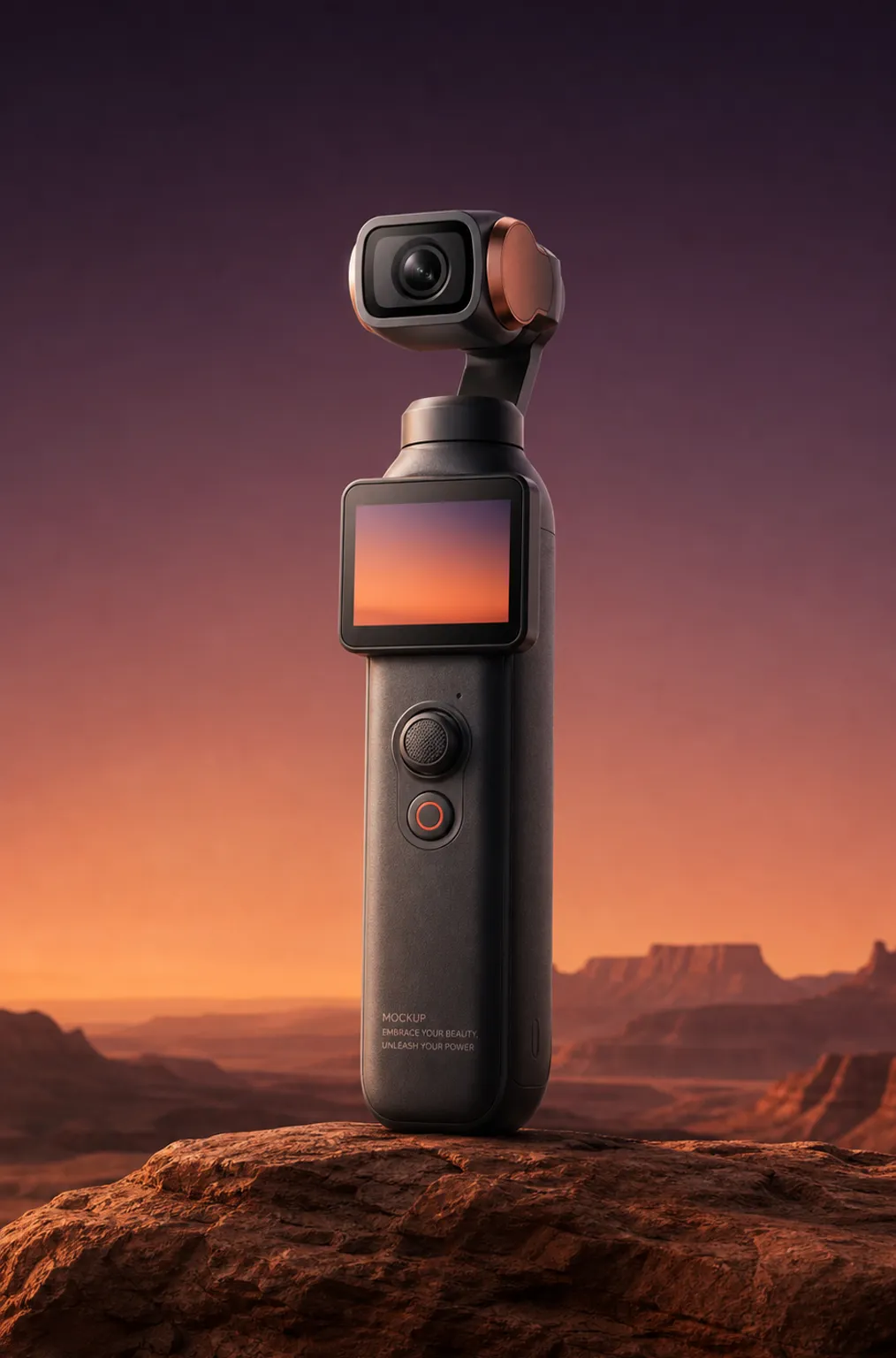 Handheld Gimbal Camera Mockup in Desert Sunset｜AI Image Generation Prompts