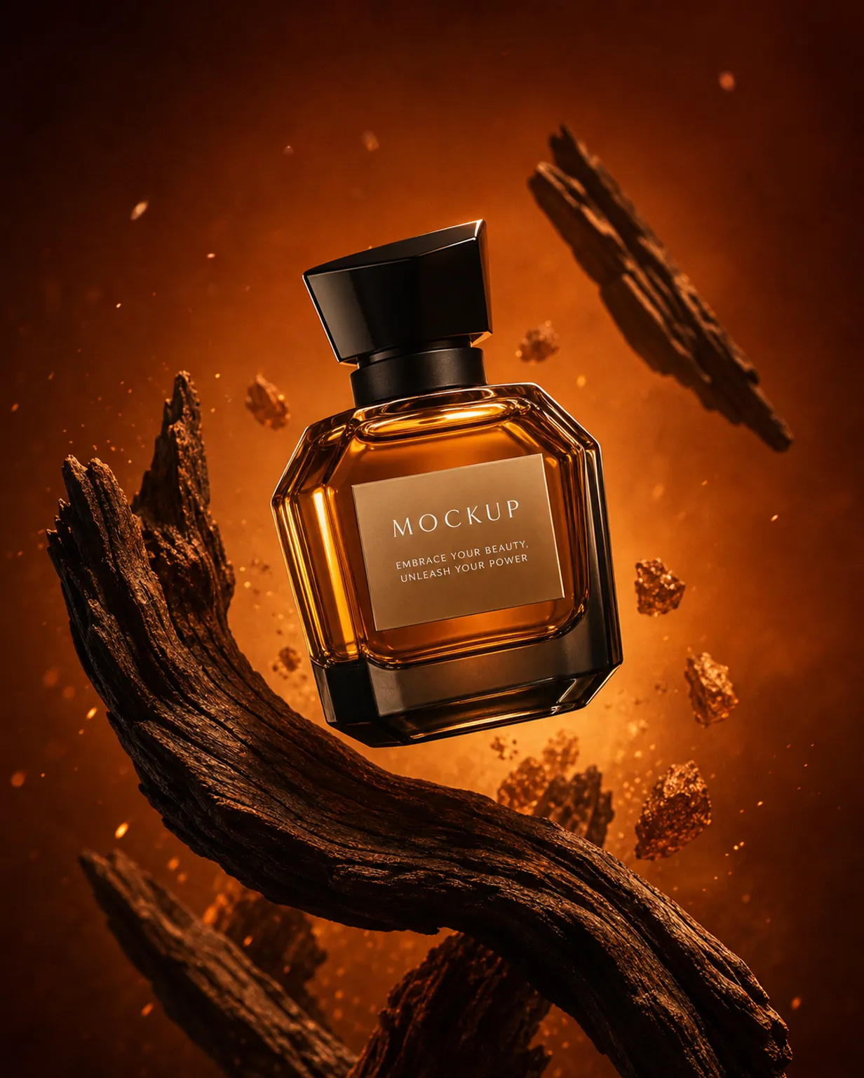 Luxury Amber Perfume Bottle Mockup with Floating Wood｜AI Image Generation Prompts