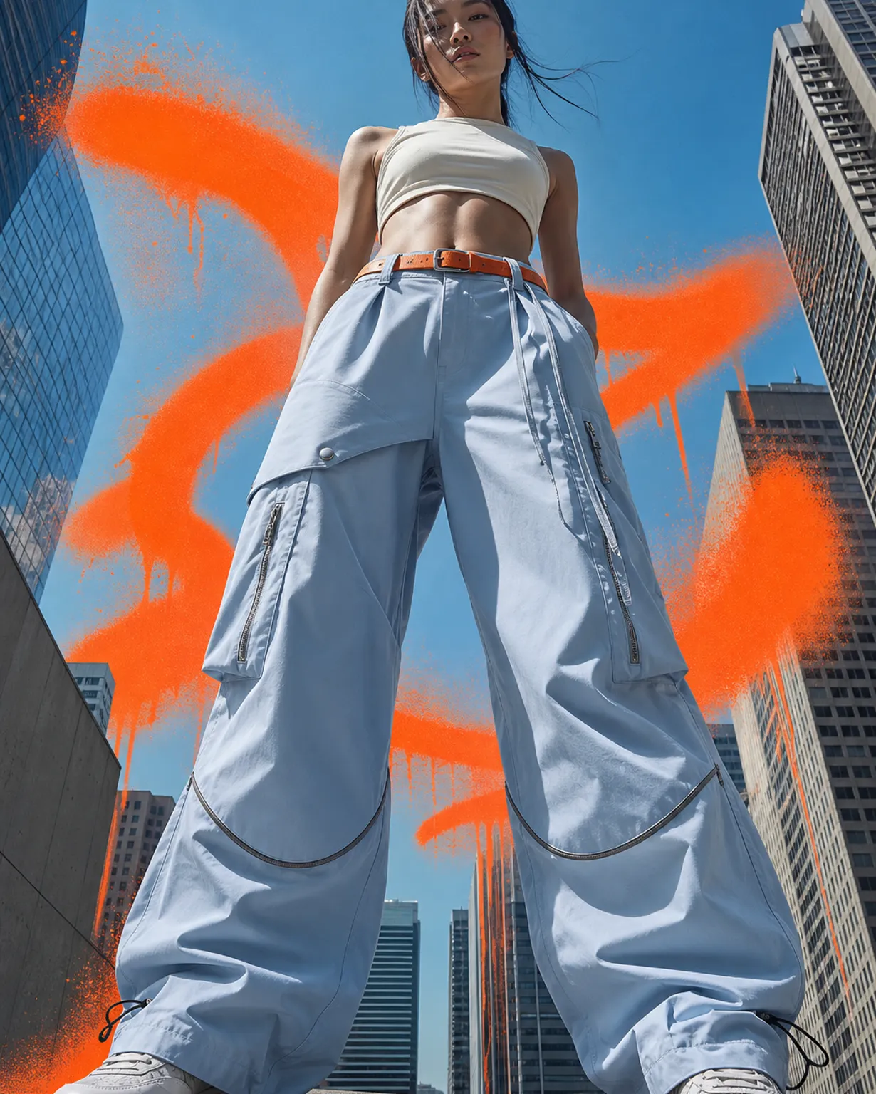 Woman in light blue cargo pants against city skyline｜AI Image Generation Prompts