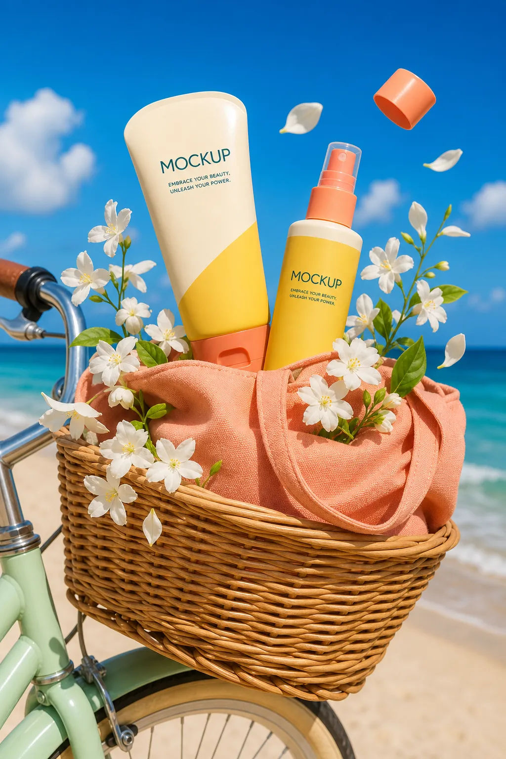 Cosmetic mockups in a bicycle basket on a sunny beach｜AI Image Generation Prompts