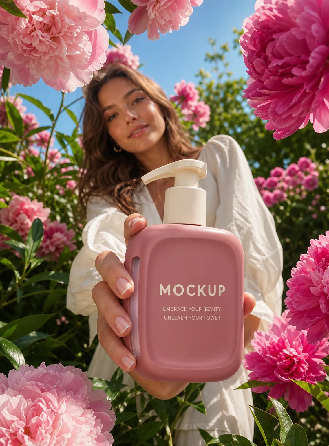 Woman holding pink bottle mockup in peony garden｜AI Image Generation Prompts