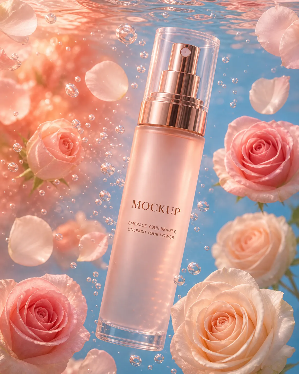 Pink Cosmetic Spray Bottle Mockup with Roses｜AI Image Generation Prompts
