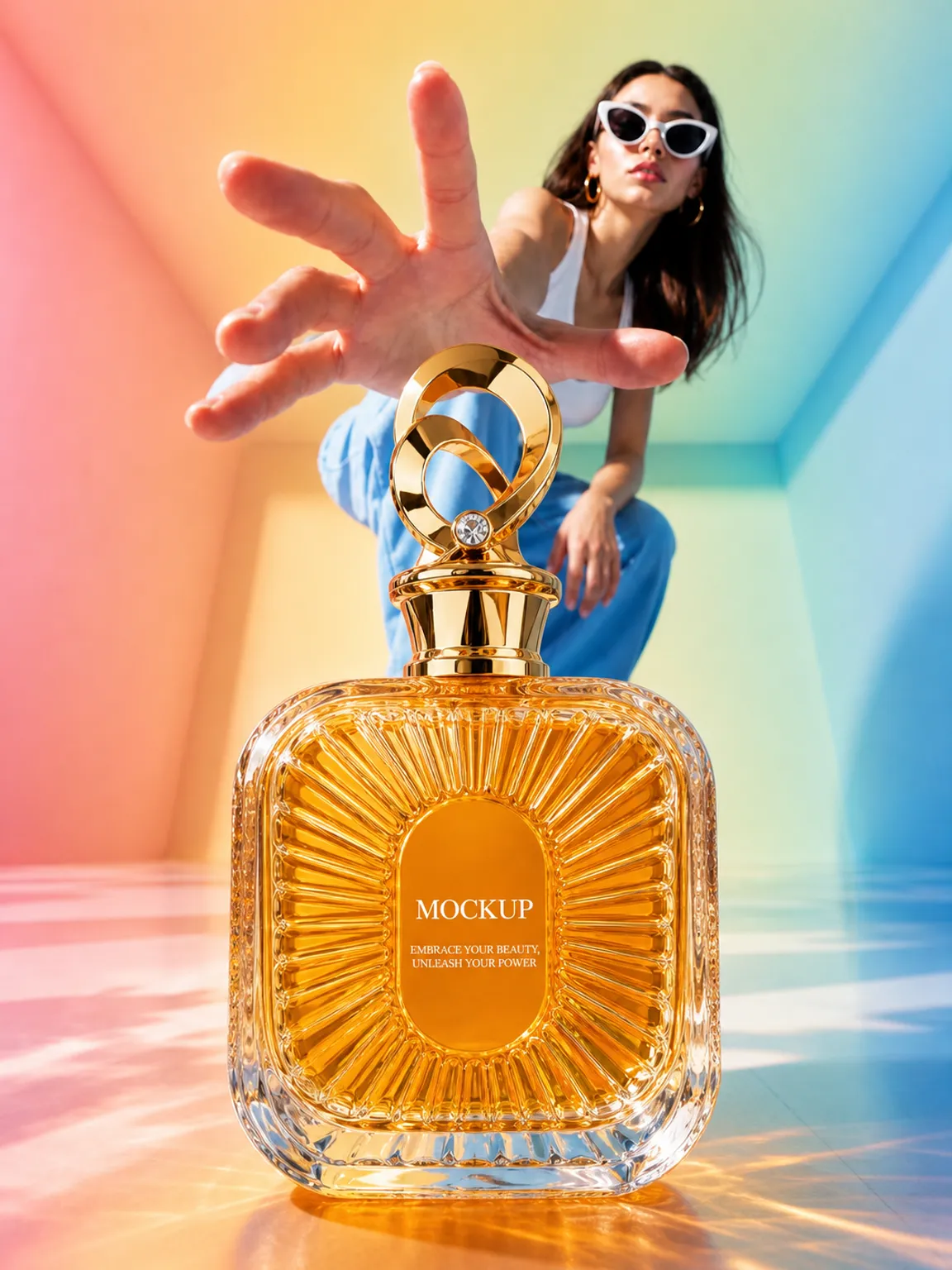 Luxury gold perfume bottle mockup with woman reaching｜AI Image Generation Prompts