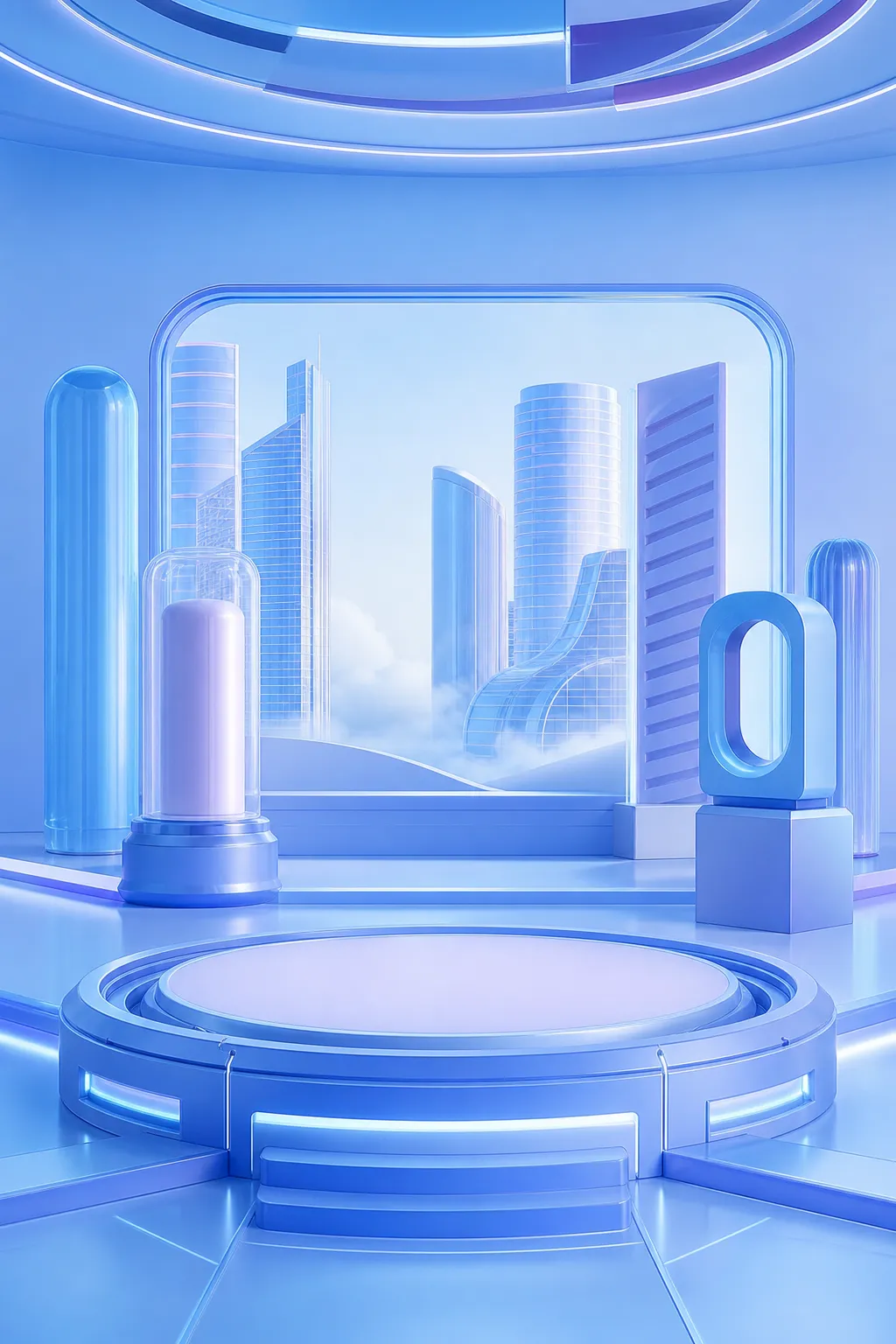 Futuristic Blue 3D Podium Stage with City View｜AI Image Generation Prompts