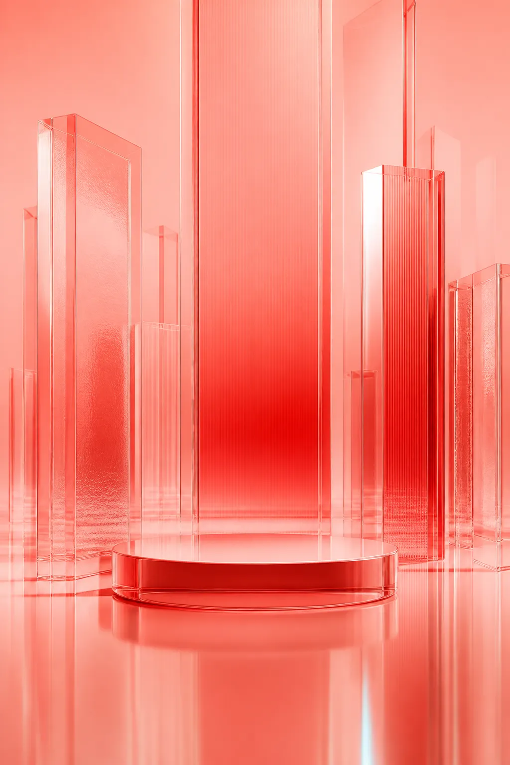 Red Glass Podium and Transparent Pillars Scene｜AI Image Generation Prompts