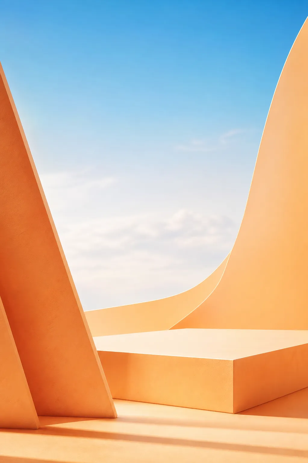 Orange Geometric Podium Stage With Blue Sky Background｜AI Image Generation Prompts