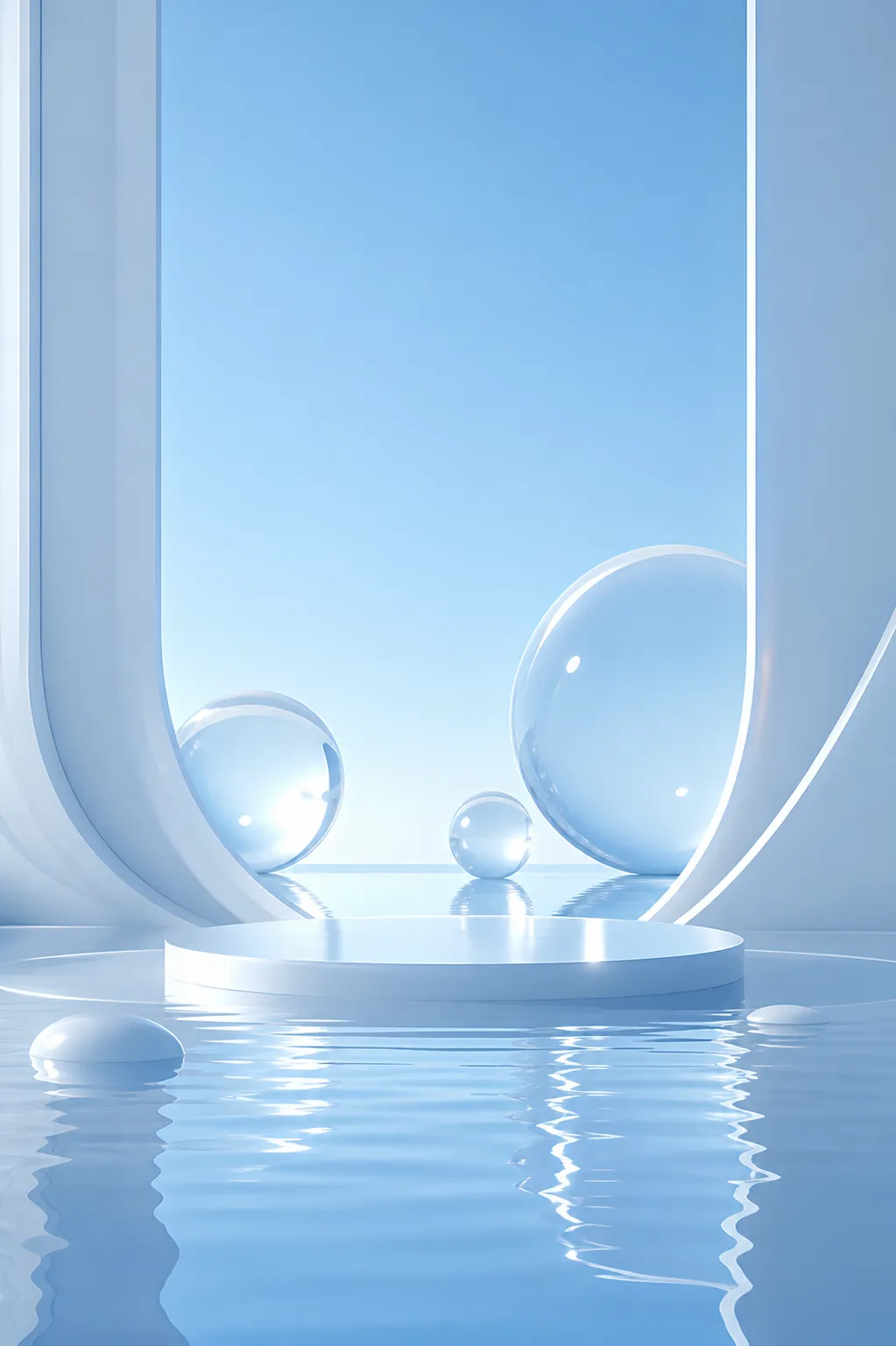 Minimalist blue podium with glass spheres on water｜AI Image Generation Prompts