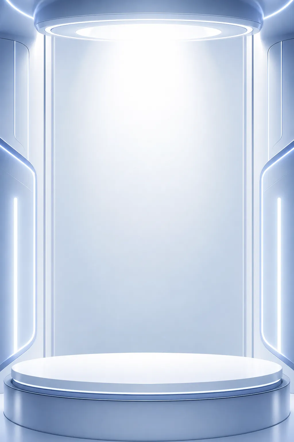 Futuristic White Circular Podium with Neon Lights｜AI Image Generation Prompts