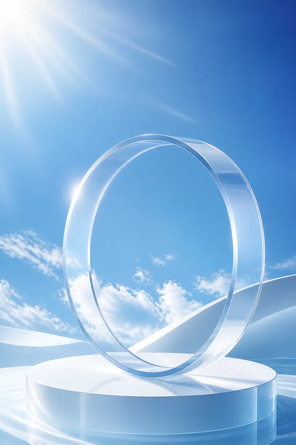 Transparent Glass Ring Podium Blue Sky｜AI Image Generation Prompts
