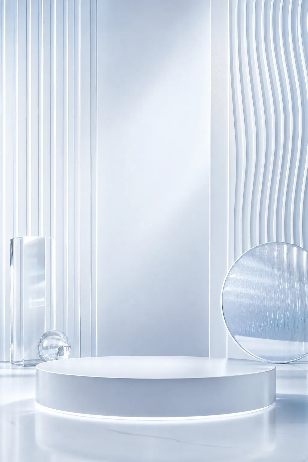 Modern White Circular Podium with Glass Geometric Shapes｜AI Image Generation Prompts