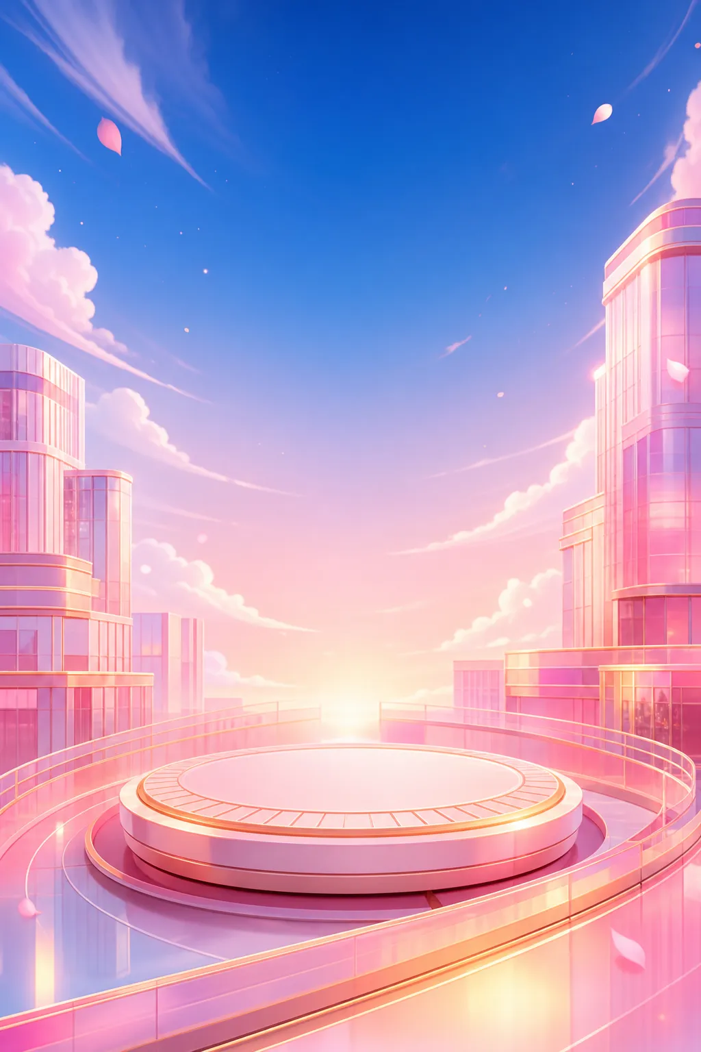 Pink Futuristic Cityscape with Circular Stage｜AI Image Generation Prompts
