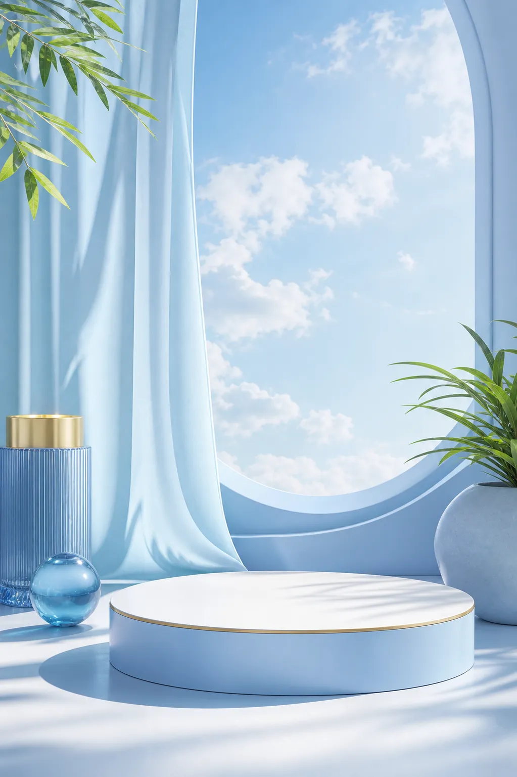 Blue Circular Product Podium with Sky Window Background｜AI Image Generation Prompts