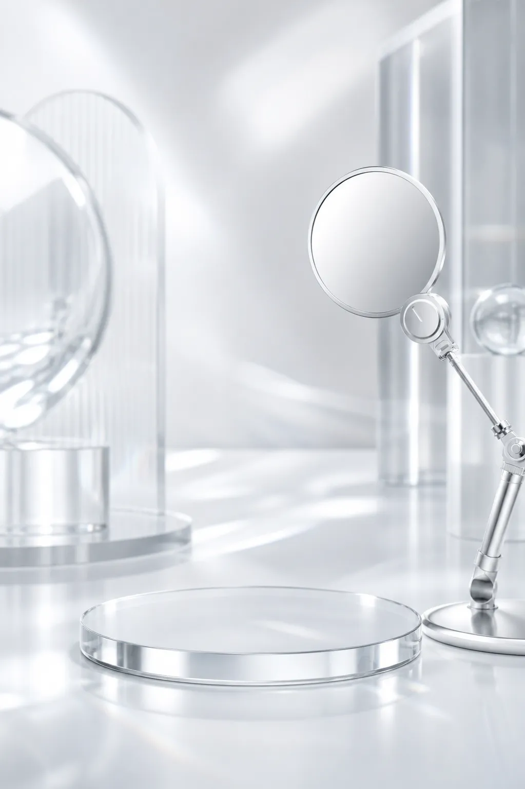 Minimalist white display with acrylic podium and mirror｜AI Image Generation Prompts