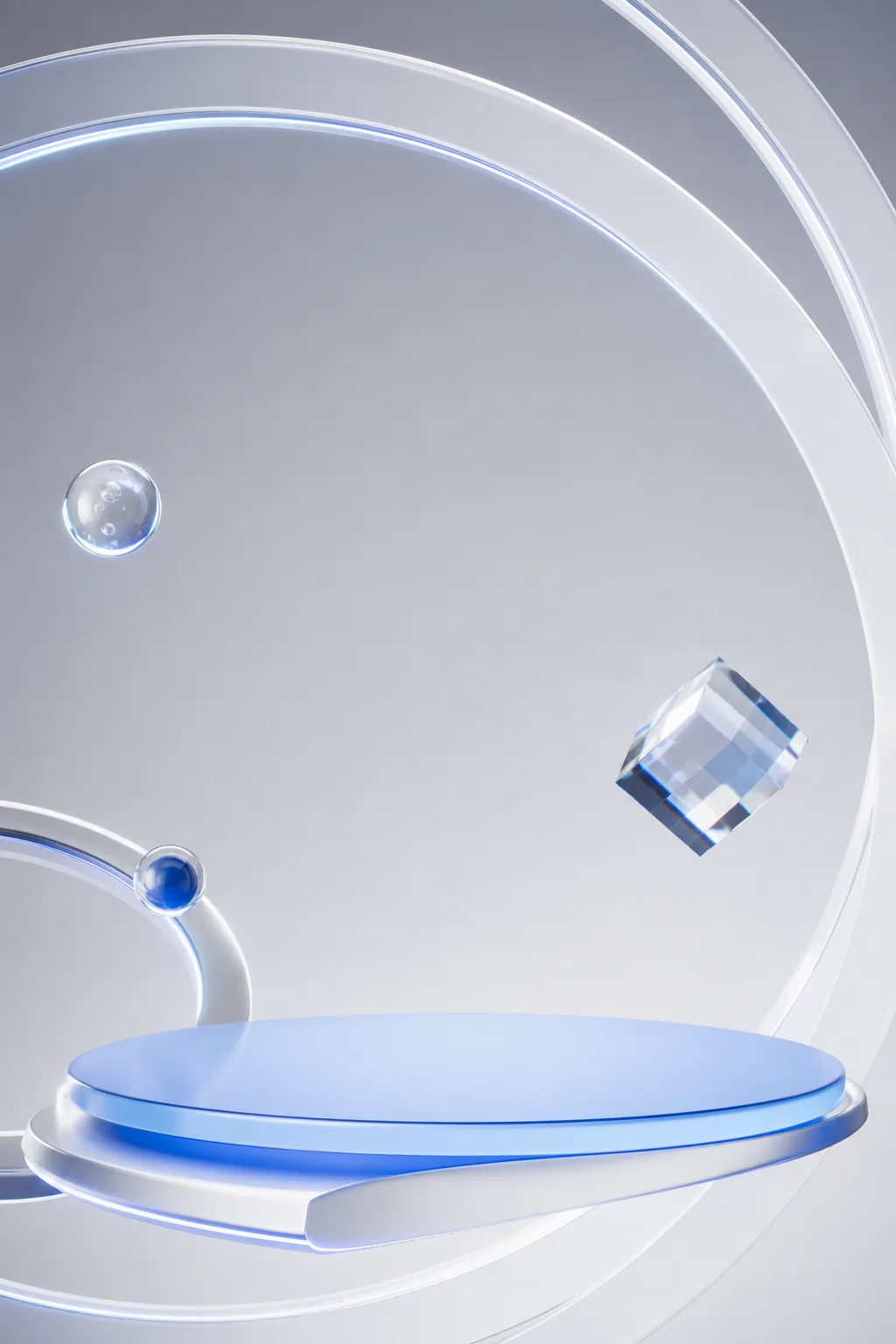 Modern Blue Circular Podium with Floating Glass Cube｜AI Image Generation Prompts