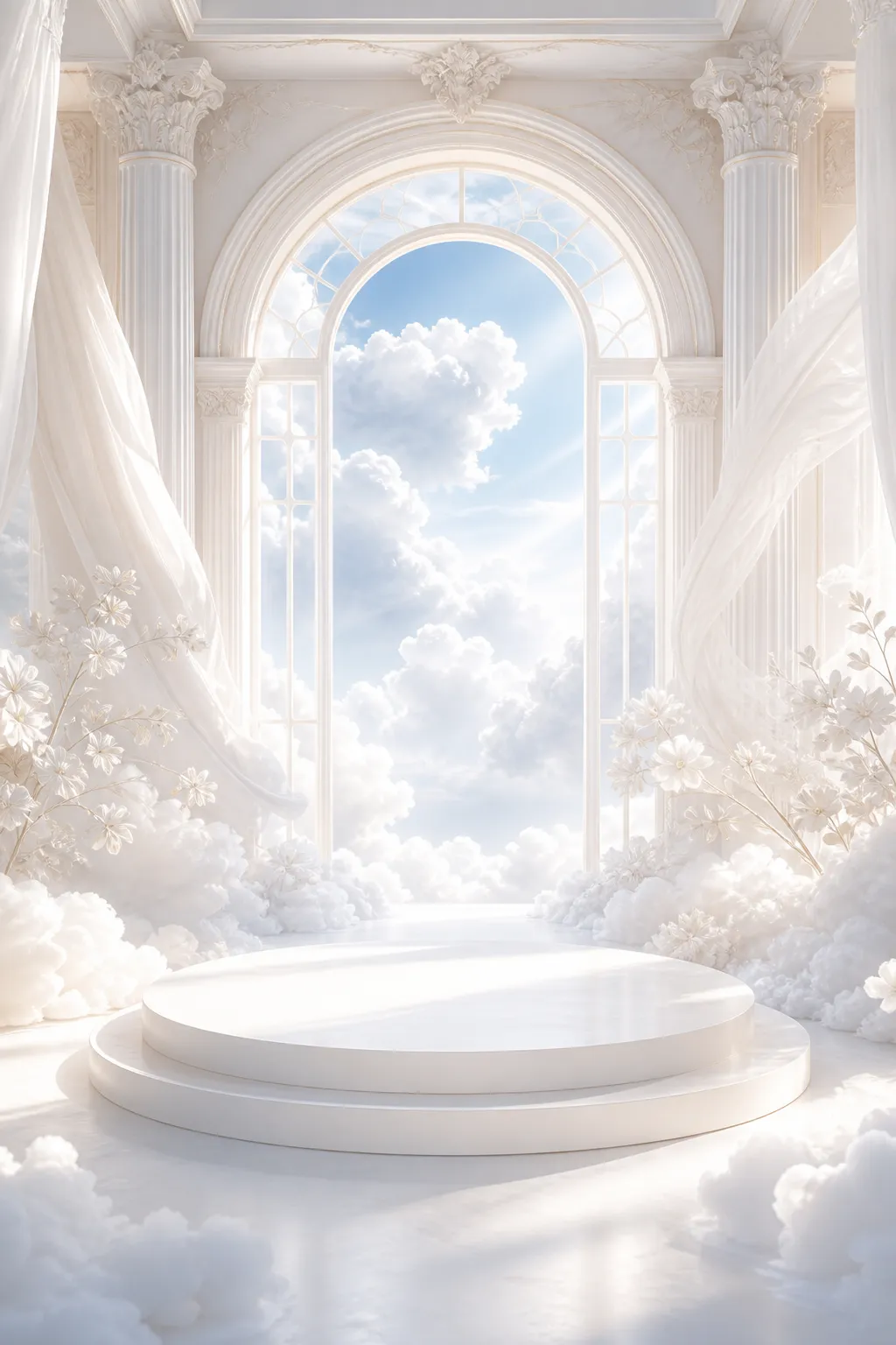 White circular podium in a cloud-filled classical room｜AI Image Generation Prompts