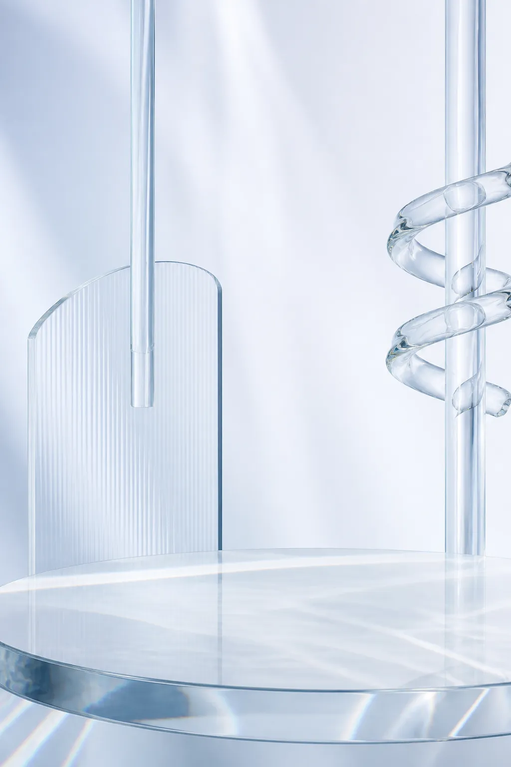 Clear Glass Product Display Podium with Spiral Element｜AI Image Generation Prompts
