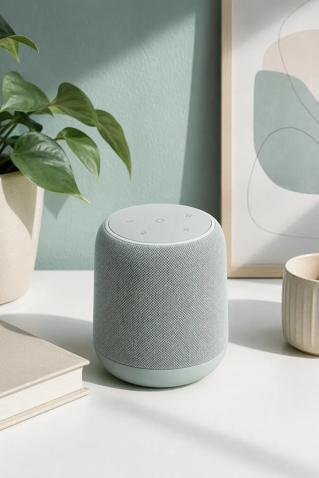 Modern Green Smart Speaker on Desk with Plant｜AI Image Generation Prompts