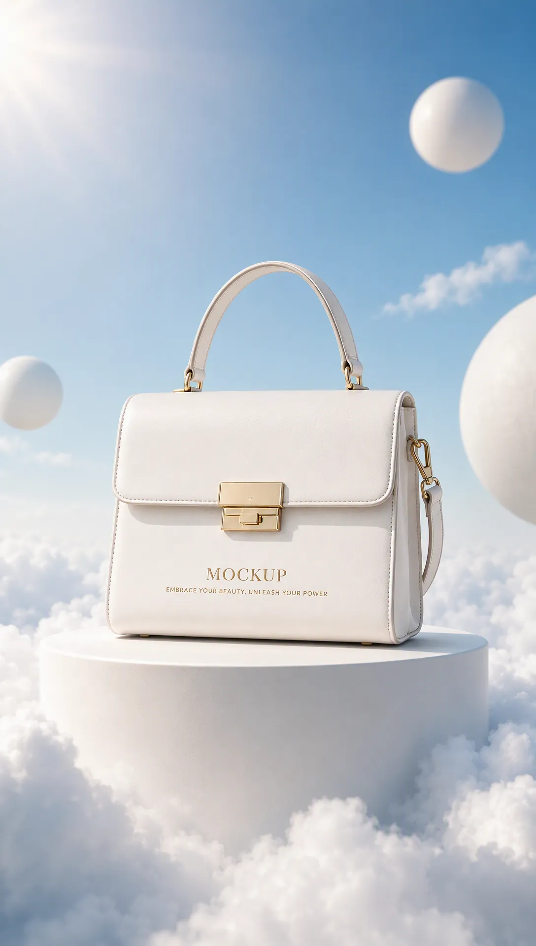 White handbag mockup on pedestal in clouds｜AI Image Generation Prompts