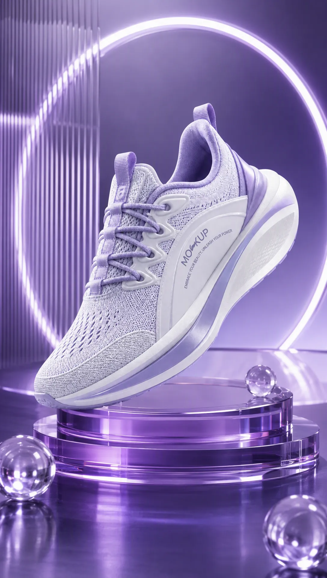 Purple Sneaker Mockup on Glowing Platform｜AI Image Generation Prompts