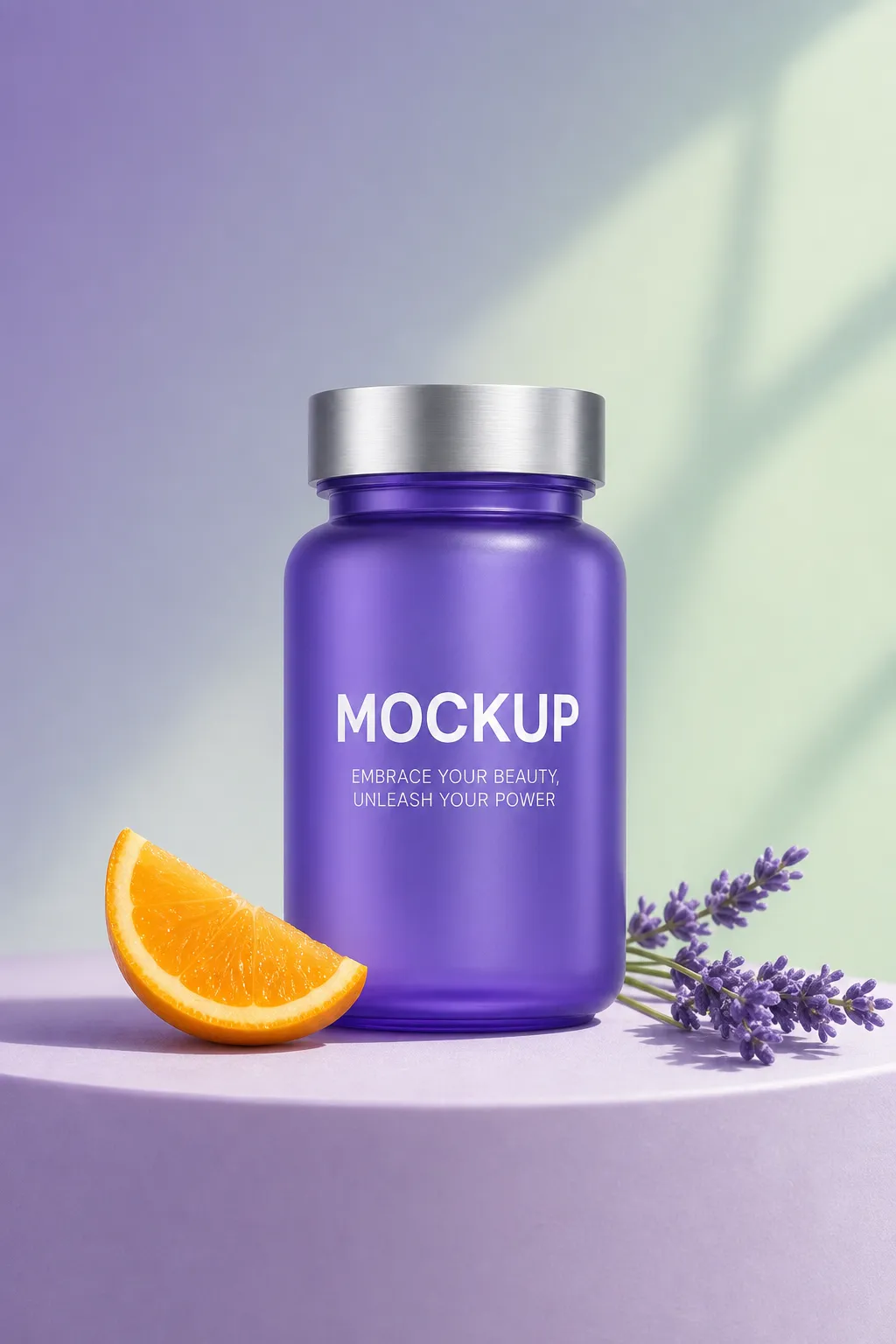 Purple Bottle Mockup with Orange and Lavender｜AI Image Generation Prompts