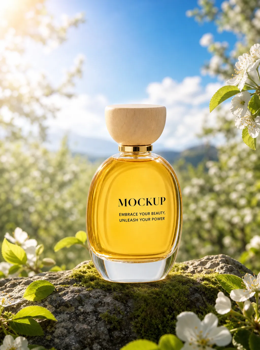 Golden perfume bottle mockup in a floral setting｜AI Image Generation Prompts