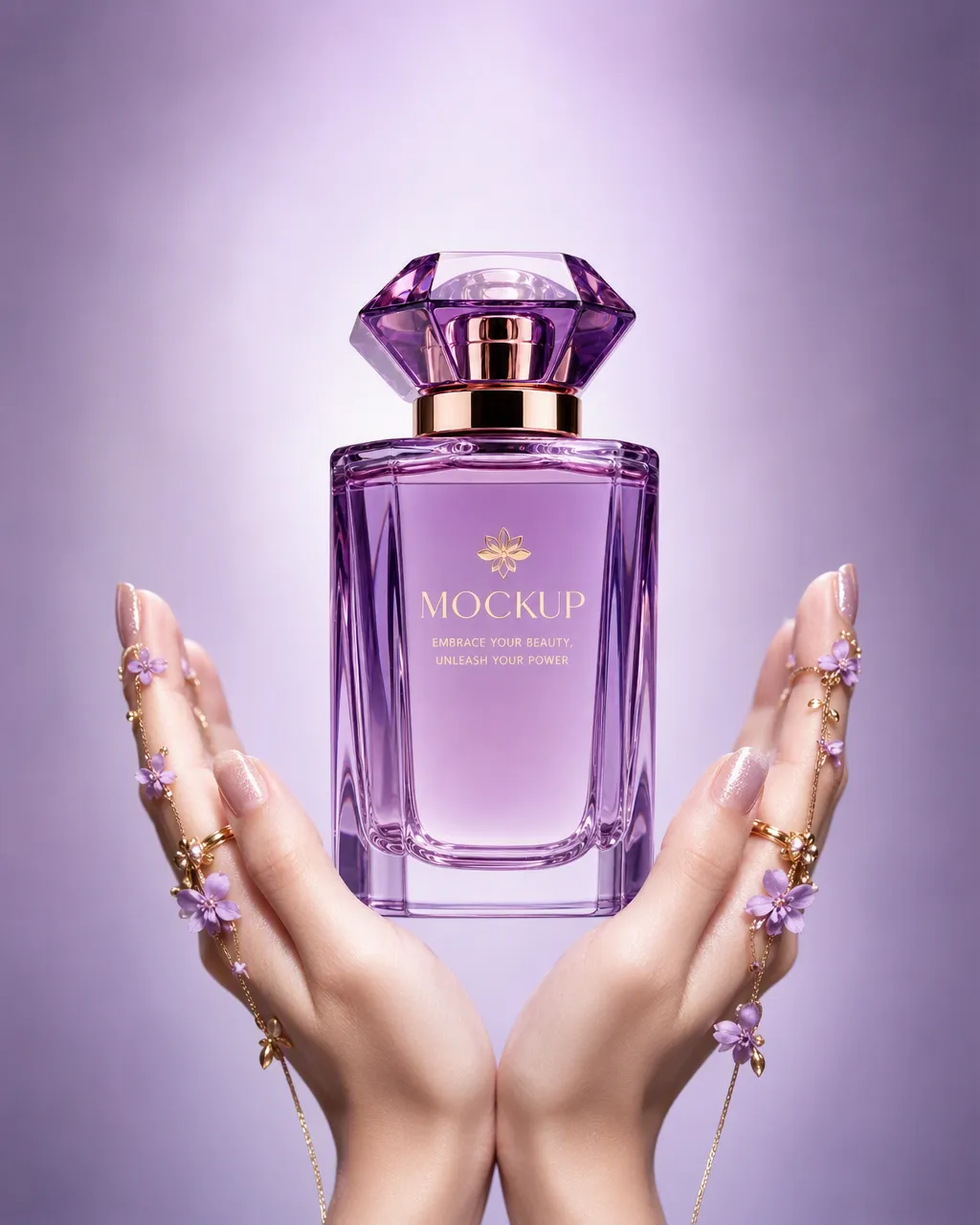 Purple Perfume Bottle Mockup with Floral Hand Jewelry｜AI Image Generation Prompts