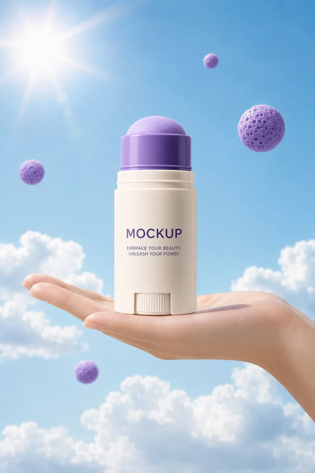 Deodorant stick mockup held by hand against blue sky｜AI Image Generation Prompts