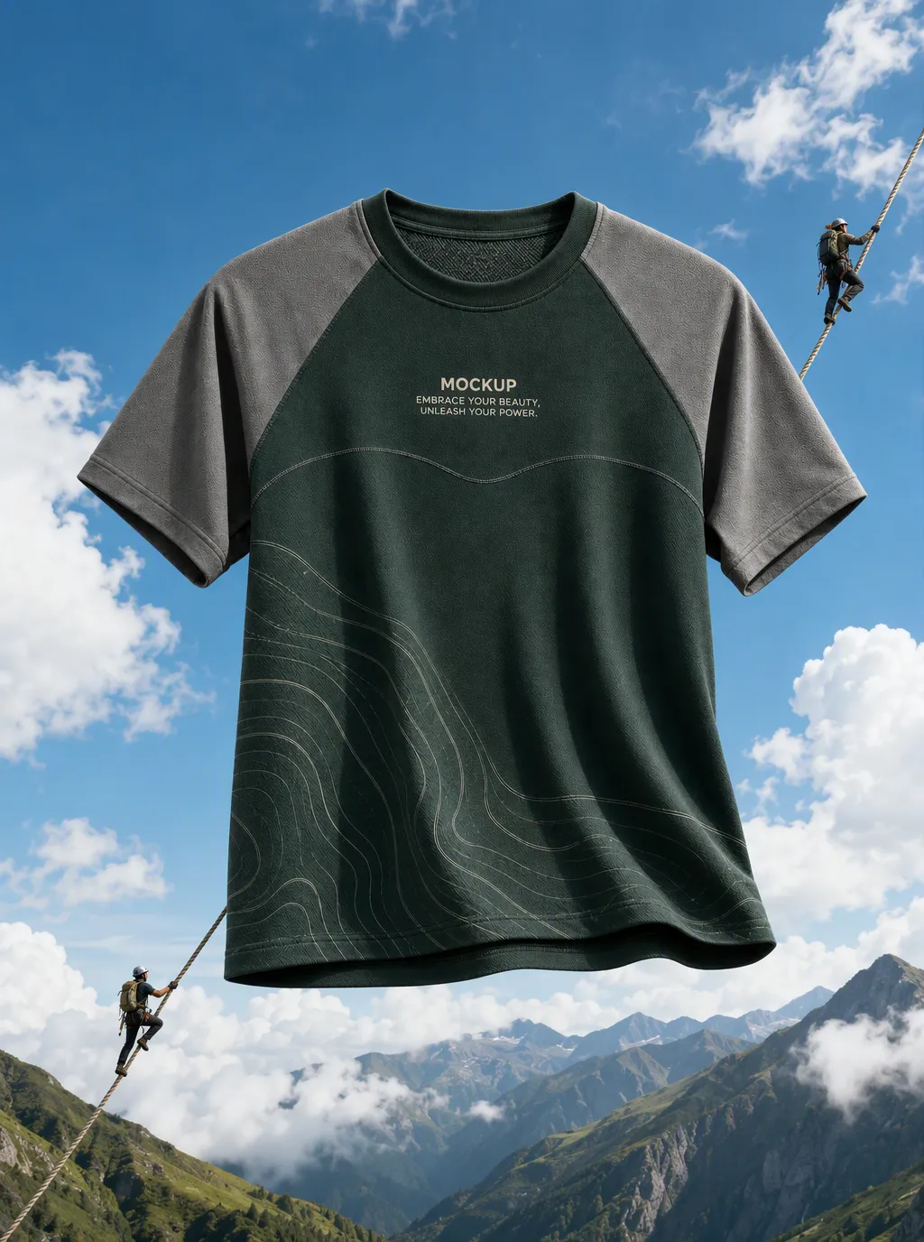 Green T-Shirt Mockup Hanging on Rope in Mountains｜AI Image Generation Prompts