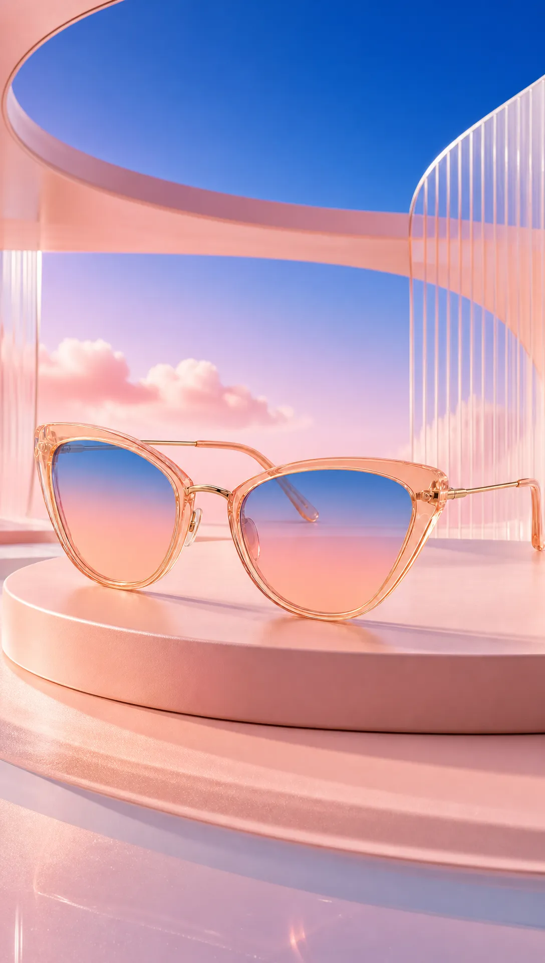 Pink cat-eye sunglasses on a podium against a dreamy sky｜AI Image Generation Prompts