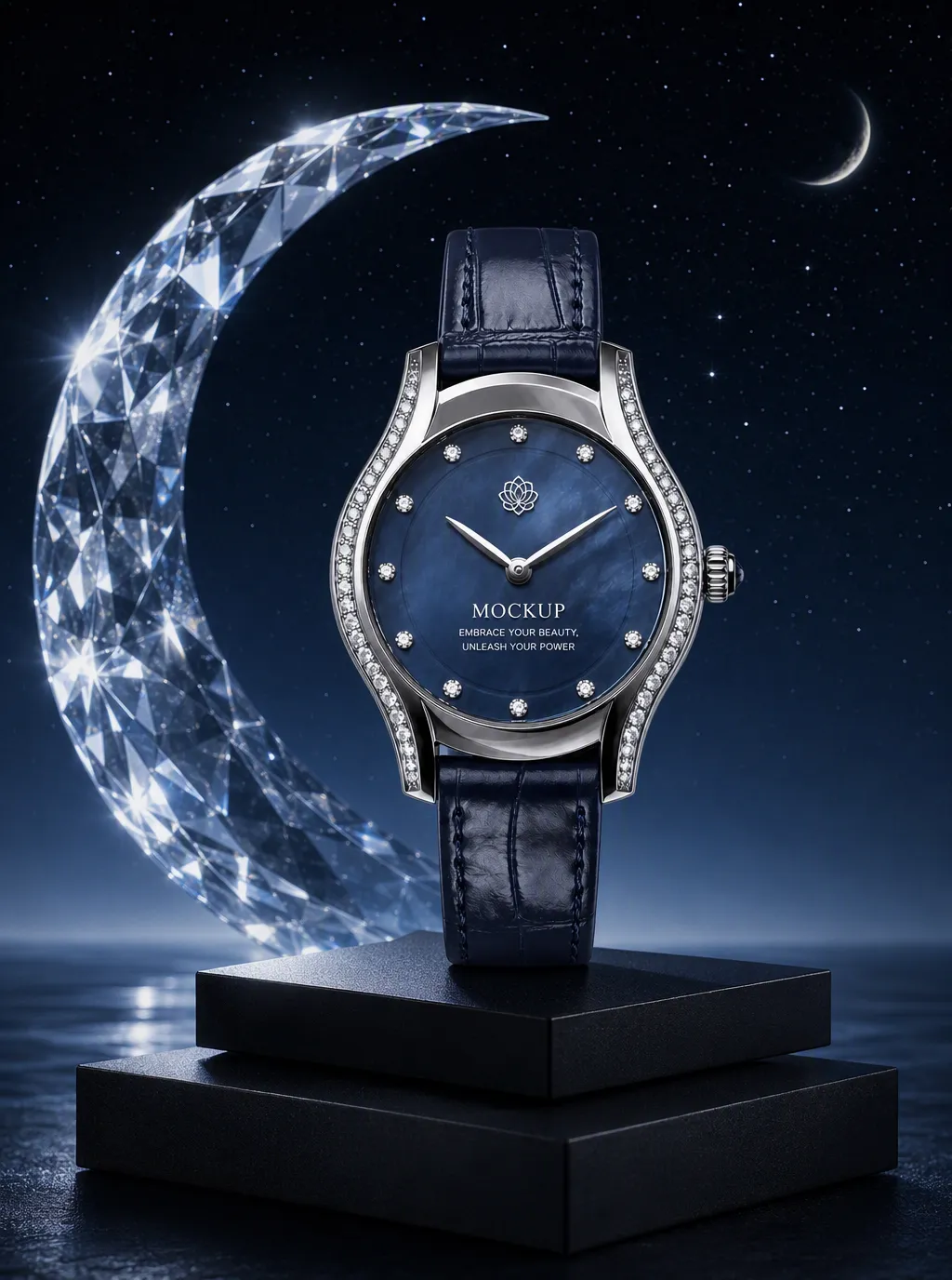 Luxury Blue Diamond Watch Mockup Against Starry Night Sky｜AI Image Generation Prompts