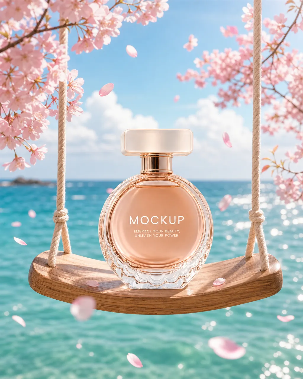 Perfume bottle mockup on a swing with cherry blossoms｜AI Image Generation Prompts