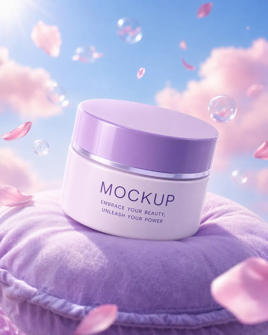 Purple Cosmetic Jar Mockup on Cushion in Sky｜AI Image Generation Prompts