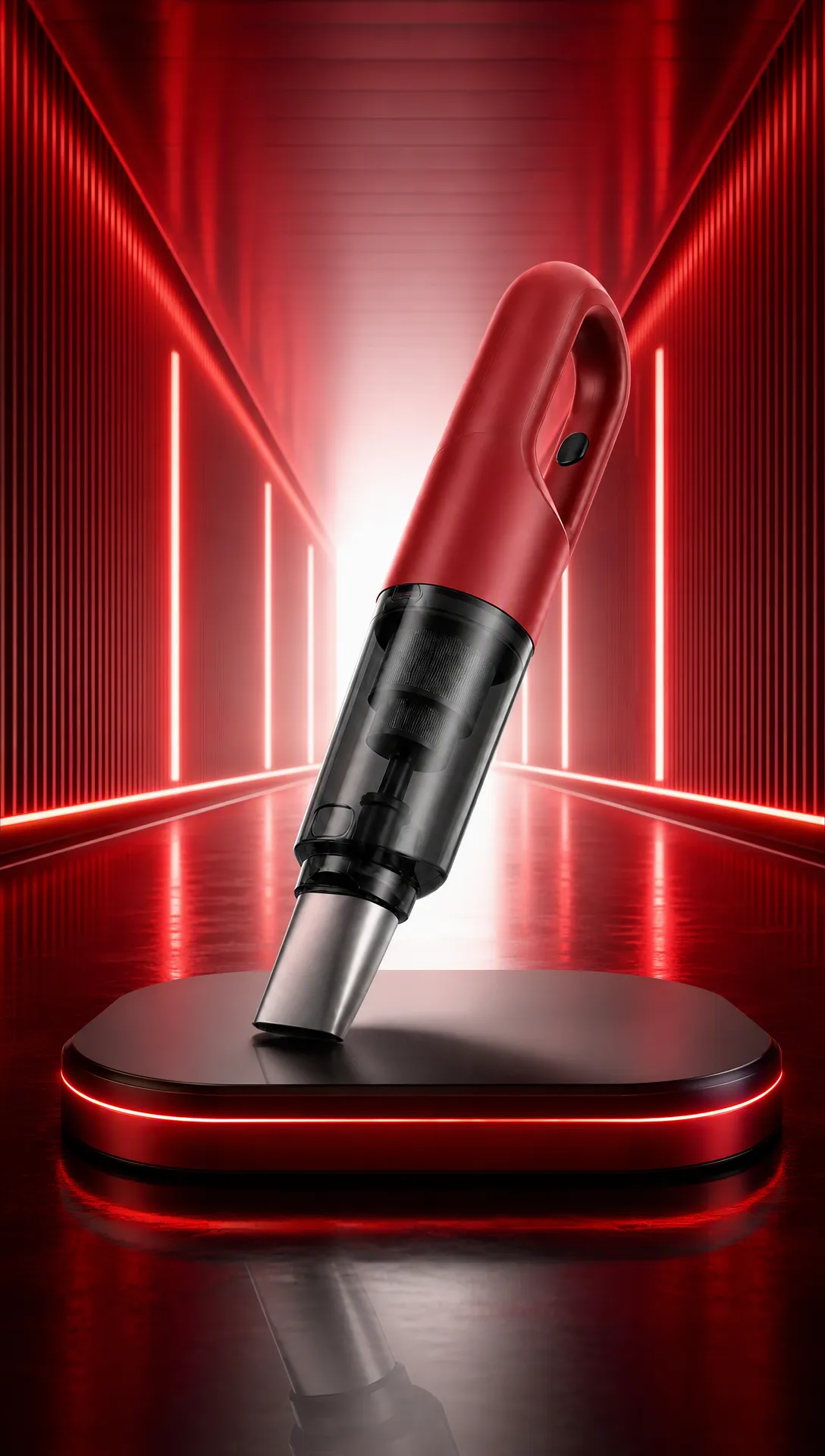 Red handheld vacuum cleaner on a glowing podium｜AI Image Generation Prompts