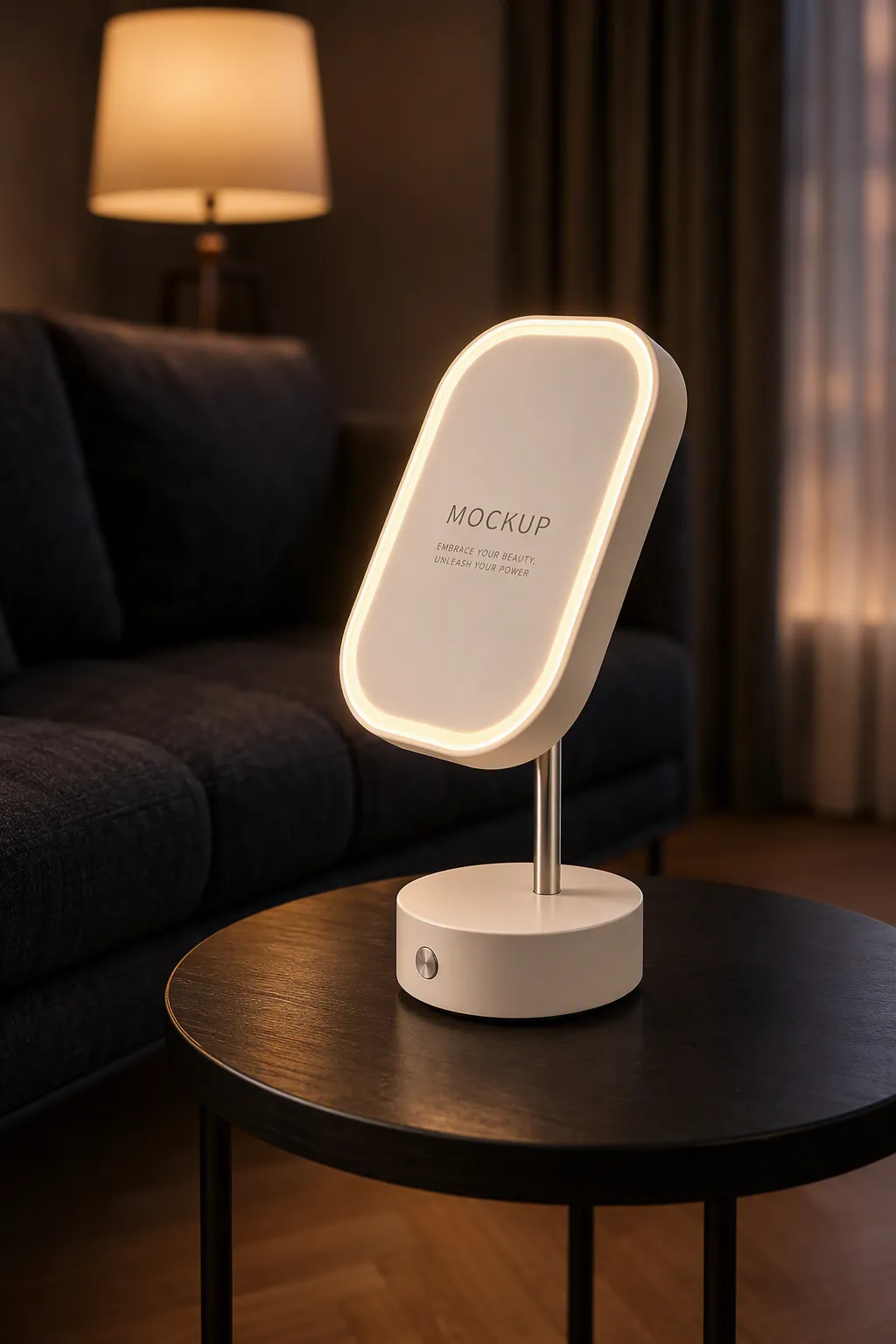 White LED Vanity Mirror Mockup on Dark Table｜AI Image Generation Prompts