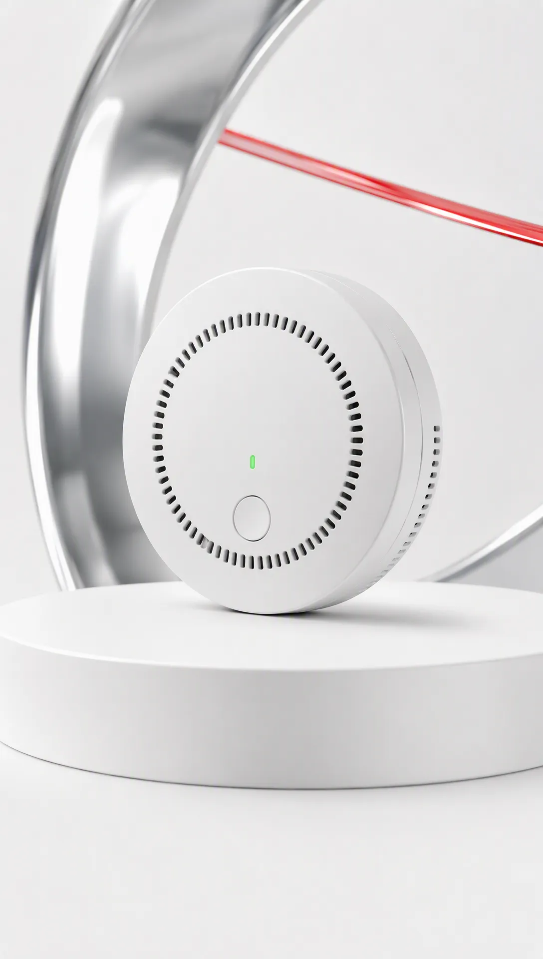 White circular smoke detector on a modern display pedestal.｜AI Image Generation Prompts