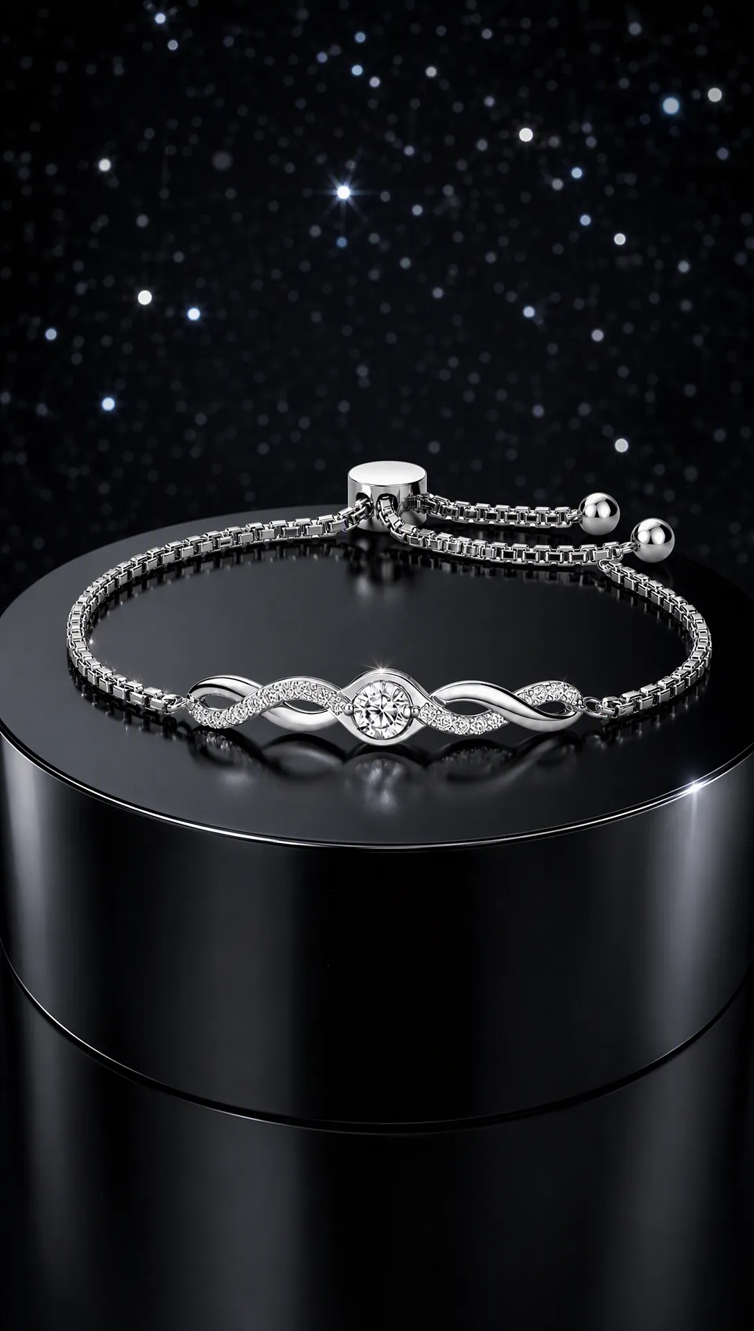 Silver Infinity Bracelet with Gem on Black Stand｜AI Image Generation Prompts