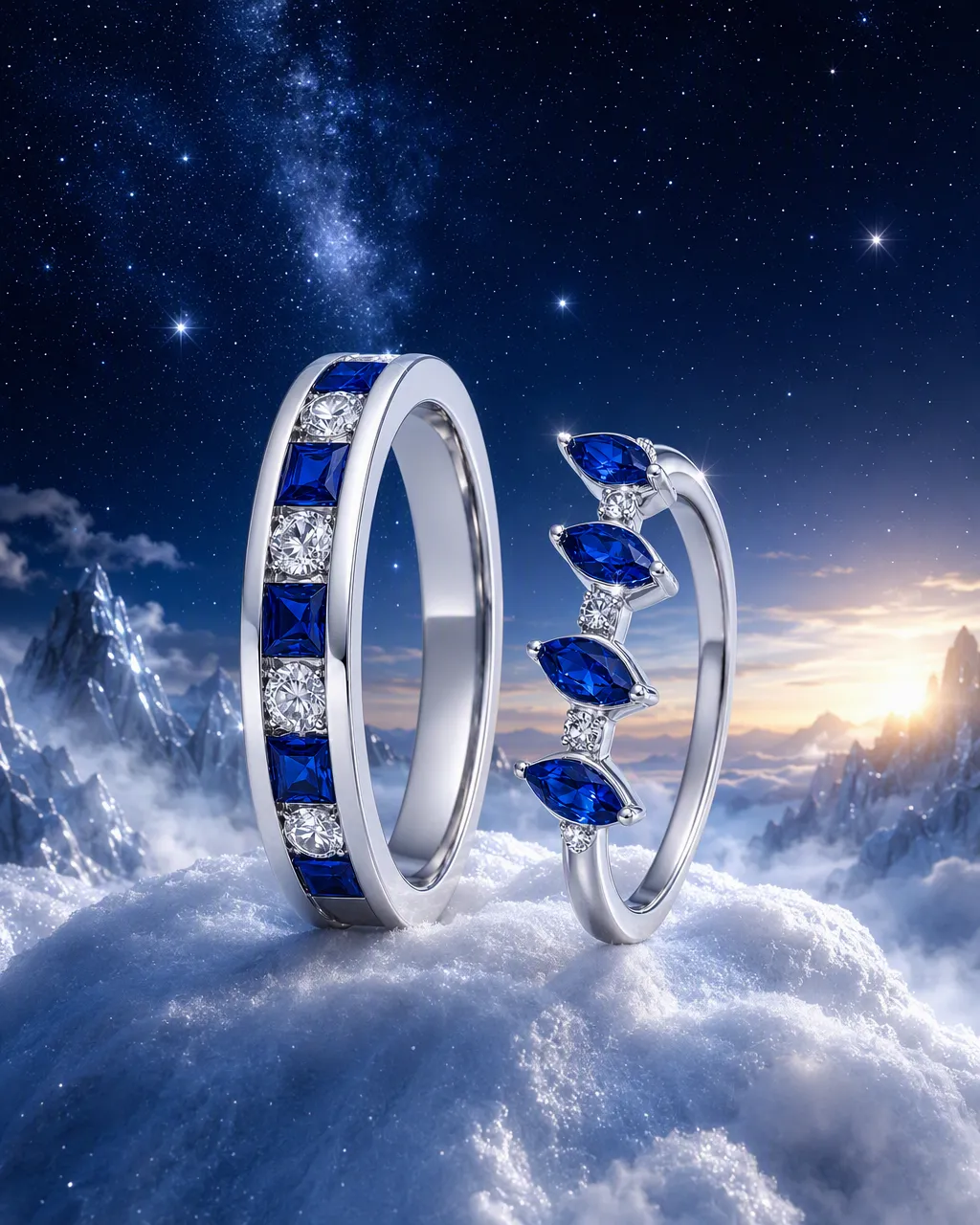 Blue Sapphire and Diamond Rings on Clouds｜AI Image Generation Prompts