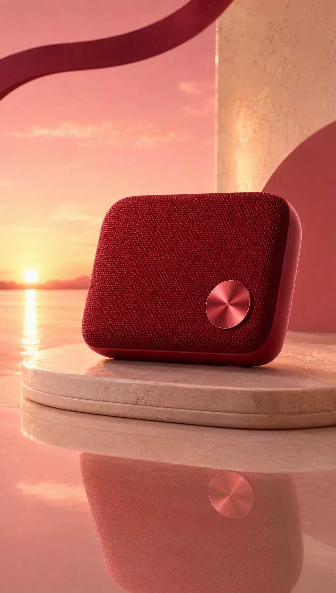 Red Portable Speaker on Stone Platform at Sunset｜AI Image Generation Prompts