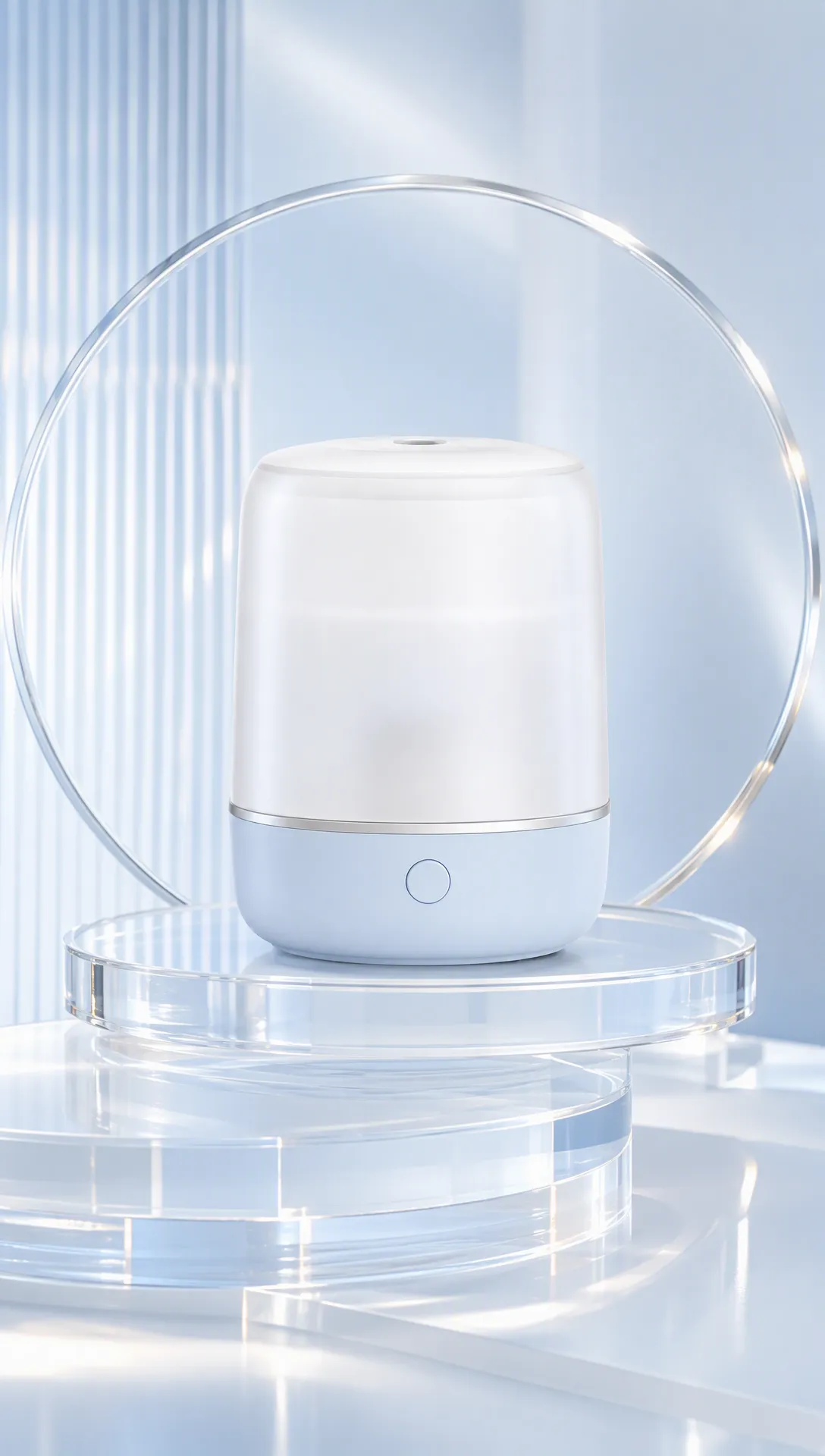 White and Blue Humidifier on Acrylic Display｜AI Image Generation Prompts