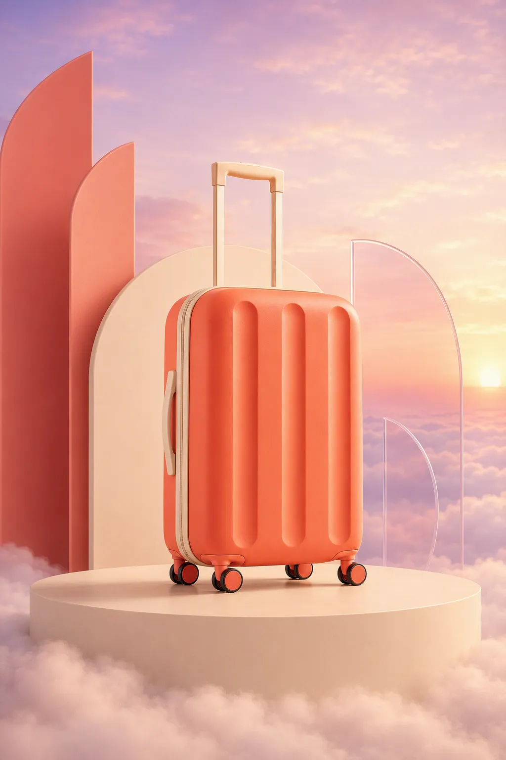 Pink Suitcase on Podium in Dreamy Cloudscape｜AI Image Generation Prompts