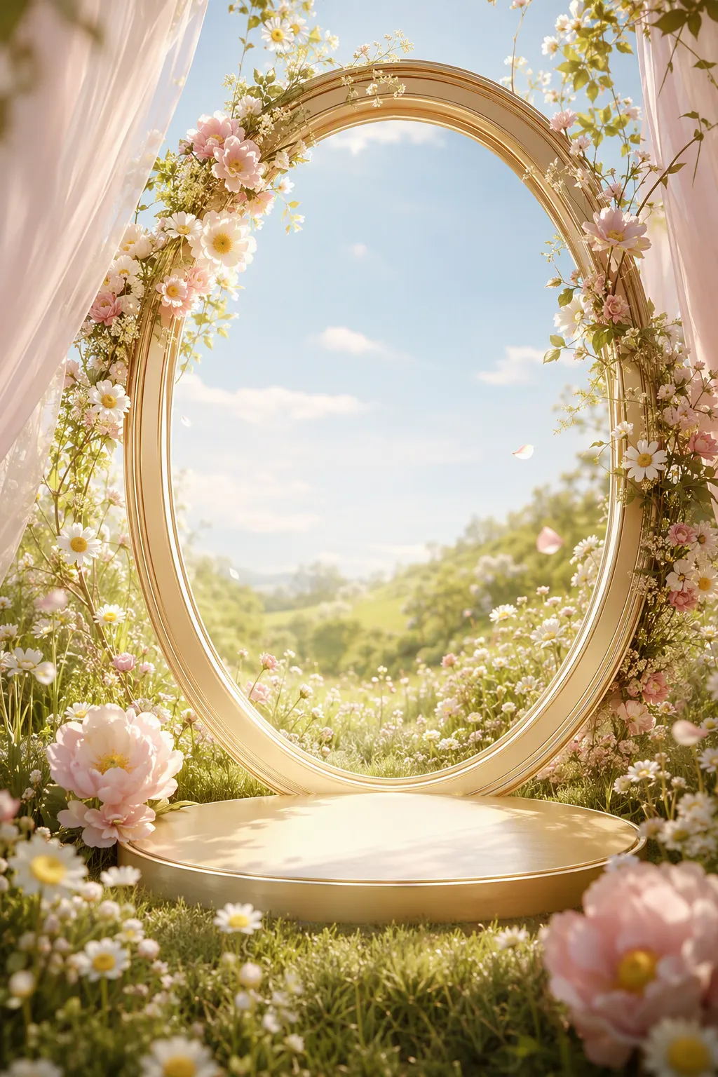 Ornate Gold Mirror in a Garden of Pink and White Flowers｜AI Image Generation Prompts