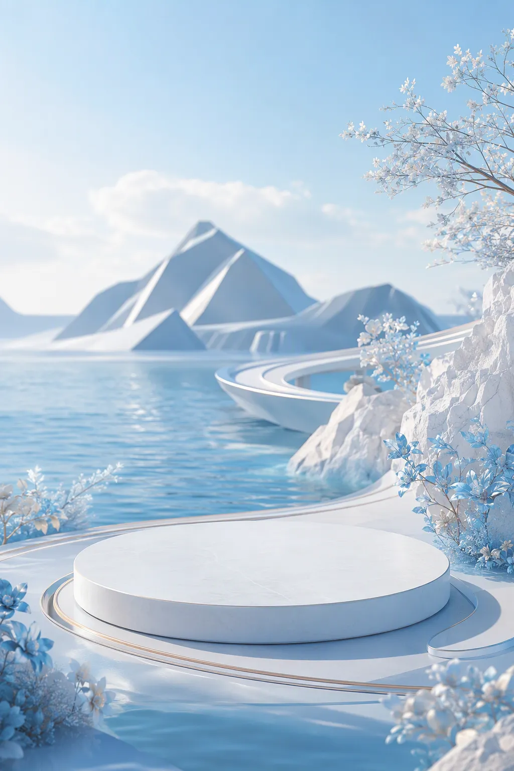 White podium with floating frame on water｜AI Image Generation Prompts