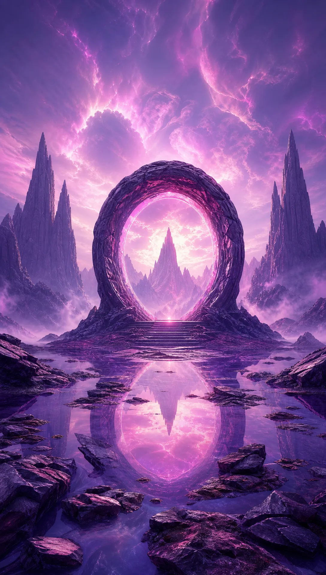 Giant purple glass monolith in a surreal landscape｜AI Image Generation Prompts