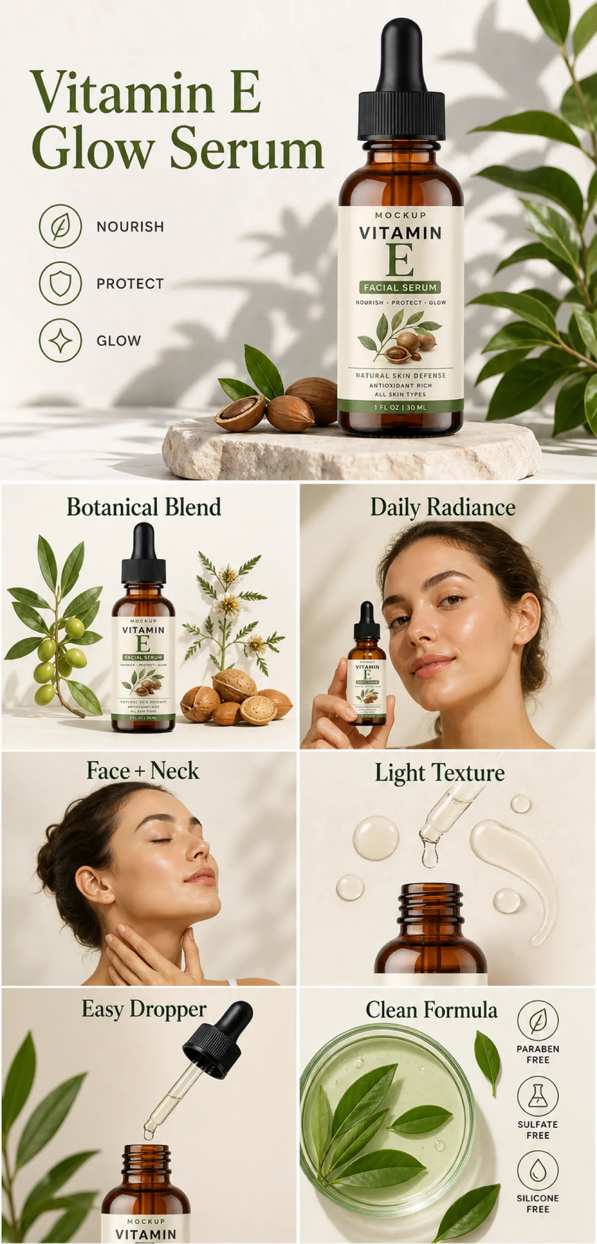 Vitamin E Glow Serum Facial Skincare Product Mockup｜AI Image Generation Prompts