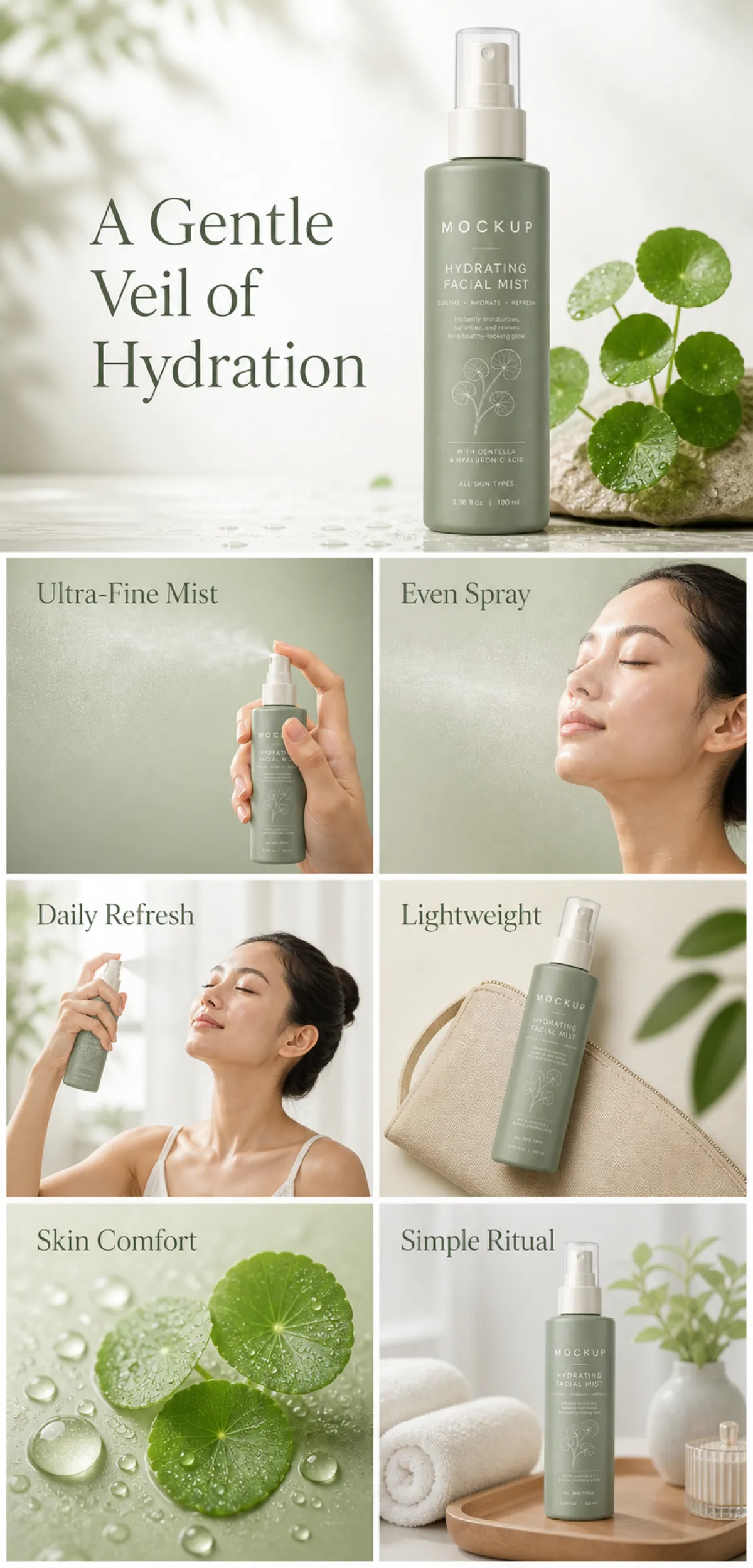 Hydrating Facial Mist Mockup with Green Bottle｜AI Image Generation Prompts