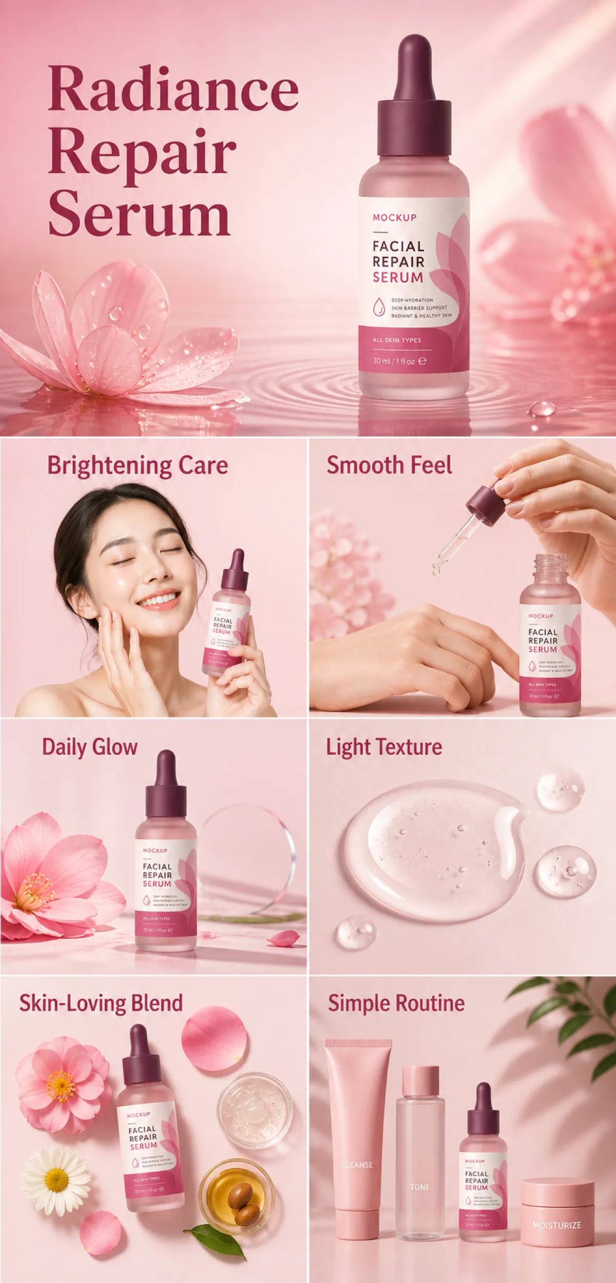 Radiance Repair Serum Skincare Product Mockup｜AI Image Generation Prompts