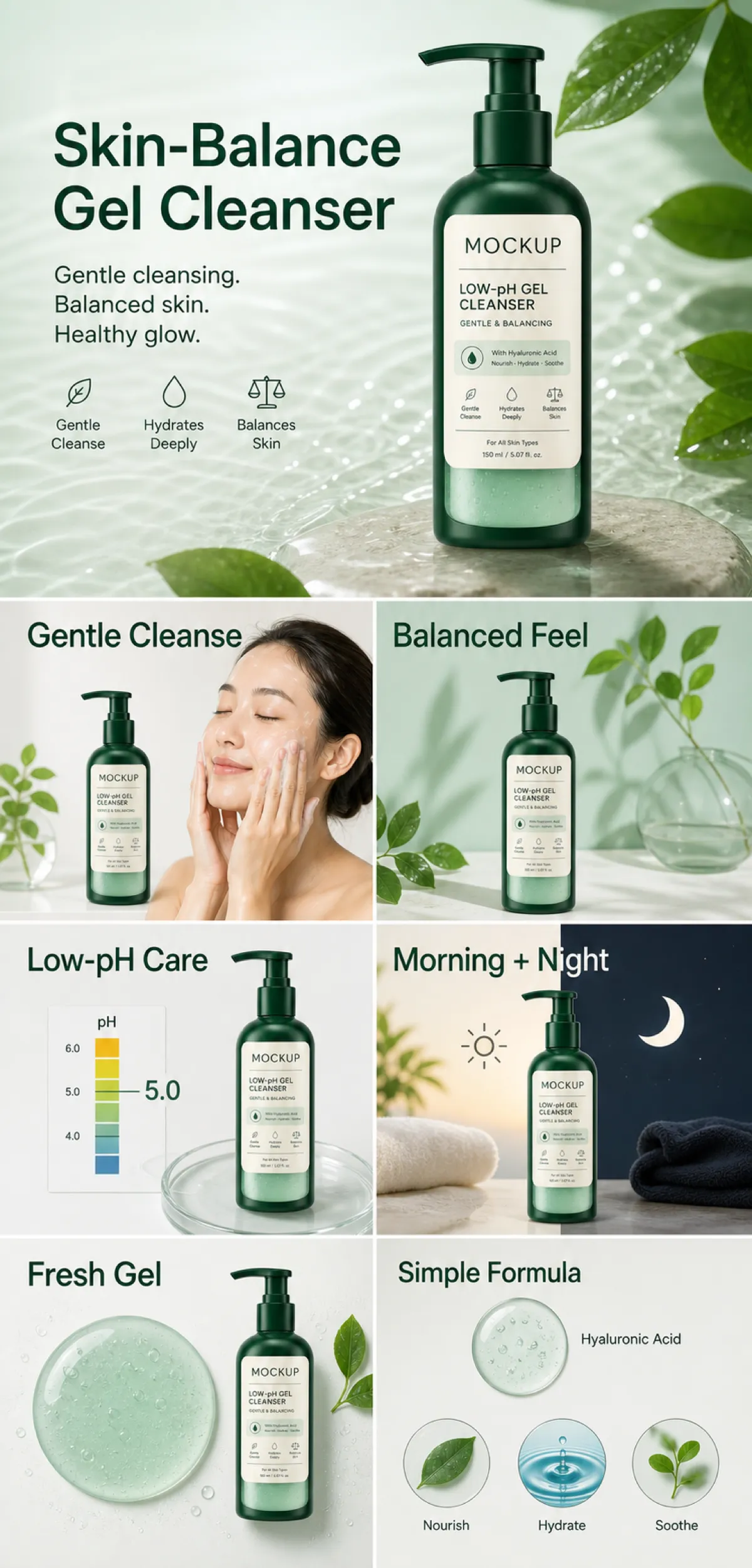 Skin-Balance Low-pH Gel Cleanser Mockup｜AI Image Generation Prompts