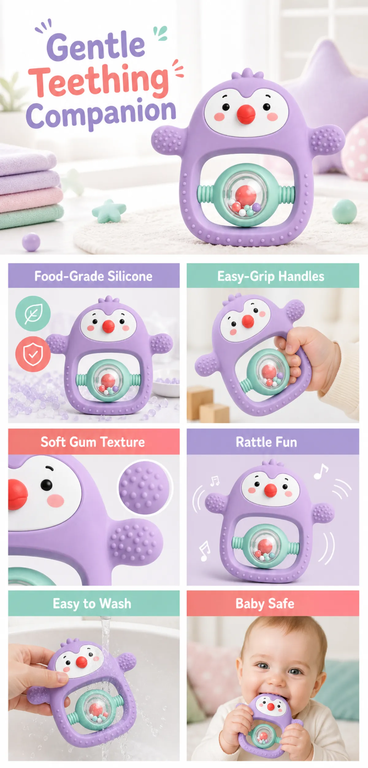Purple Penguin Silicone Baby Teether with Rattle｜AI Image Generation Prompts